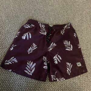 Men's Burgundy Swim Trunks with White Leaf Pattern